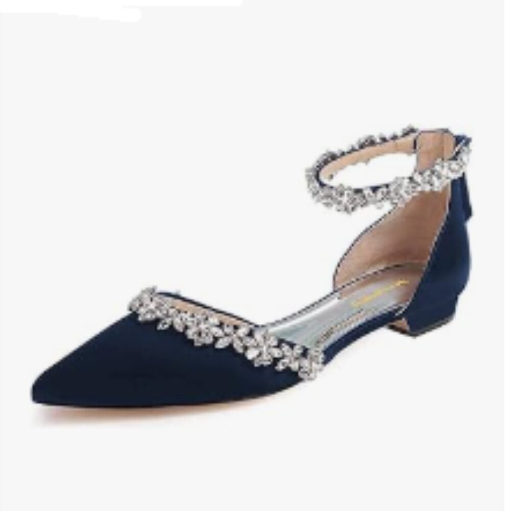 XYD Navy  Pointed Toe Sparkly Rhinestones Ankle Strap D'Orsay Wedding Sandals